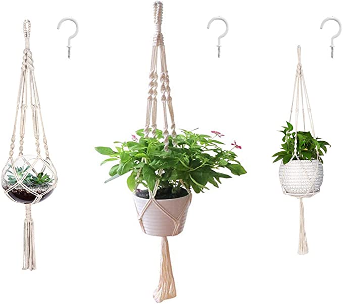 AOMGD 3 Pack Macrame Plant Hanger and 3 PCS Hooks Indoor Outdoor Hanging Plant Holder Hanging Planter Stand Flower Pots for Decorations - Cotton Rope, 4 Legs, 3 Sizes