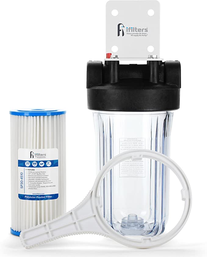 Well Water Whole House Sediment & Rust Complete Filtration System with Pleated Washable filter, Clear Housing 1" Ports