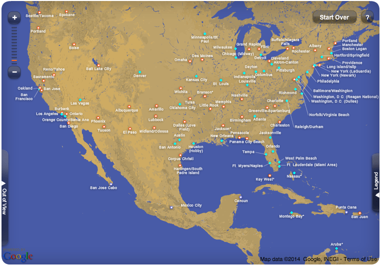 Mapa de ciudades Southwest Airlines