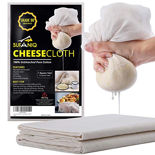 Sufaniq Cheesecloth Grade 90 - 9 Square Feet Unbleached 100% Cotton Fabric Ultra Fine Reusable Cheese Cloths for Straining Cooking Cheesemaking and Baking (1 Sq Yard)