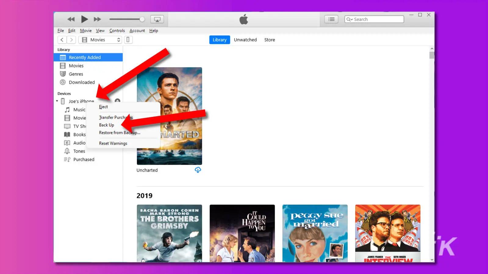 captura de pantalla de iTunes para Windows que muestra la opción de copia de seguridad de iPhone