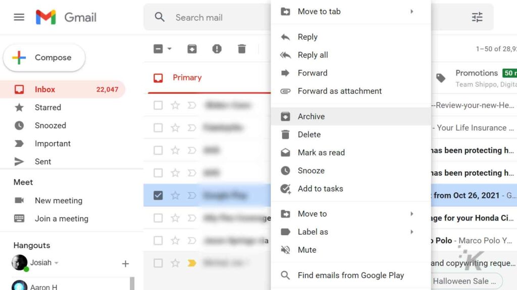 Función de archivo de Gmail en el escritorio