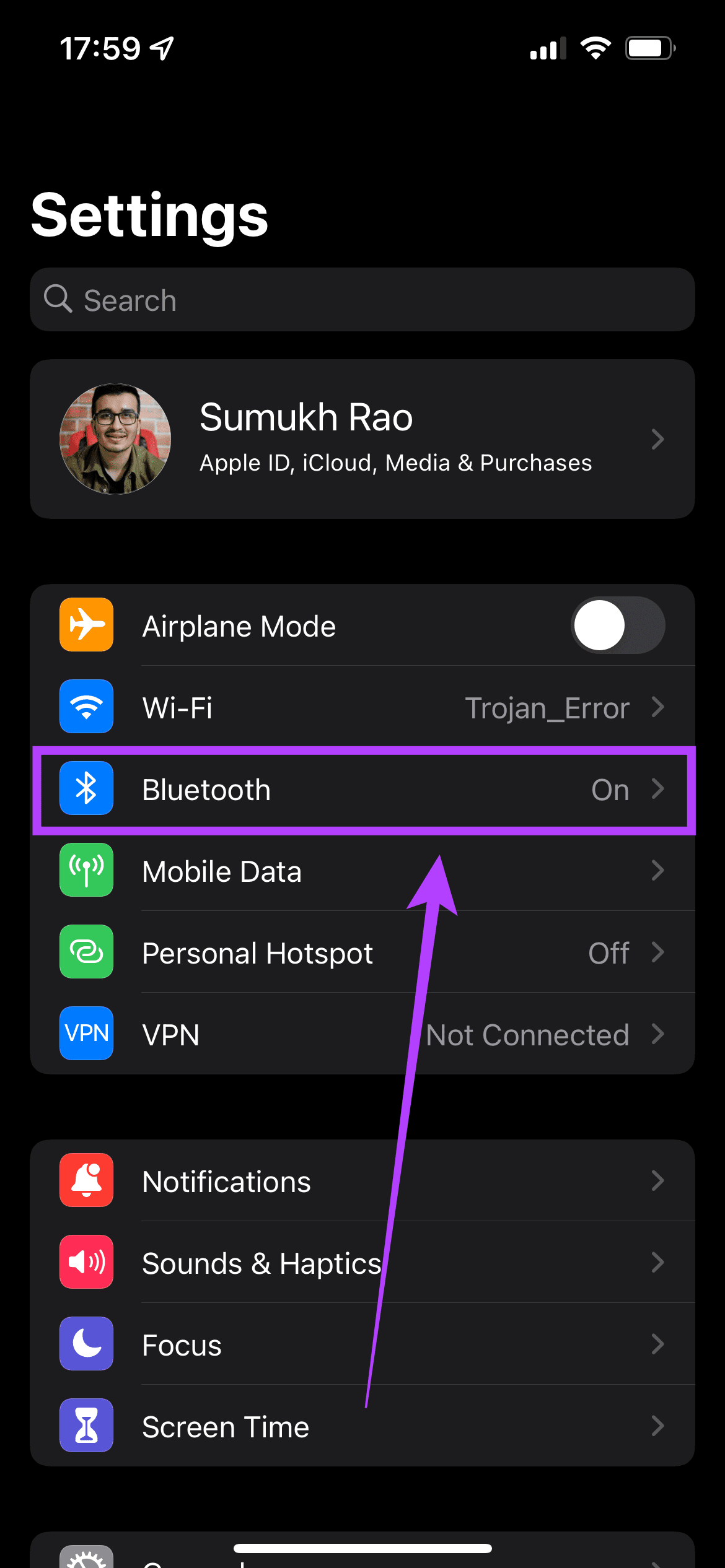 Menú Bluetooth en iOS