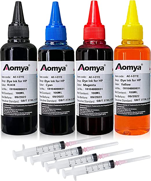 Aomya Ink Refill Kit 100ml for HP 61 60 62 63 564 920 901 902 932 933 934 940 950 951 952 94 95 96 Inkjet Printer Cartridges Refillable Ink Cartridges CIS CISS System 4 Color Set with 4 Syringes