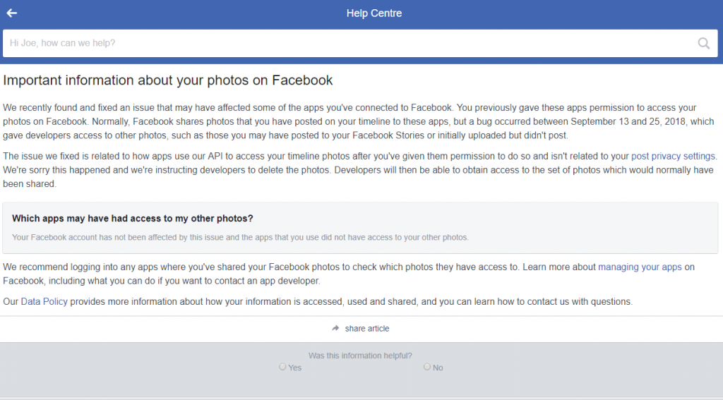 página de Facebook para verificar si está afectado por el último error de fuga de fotos