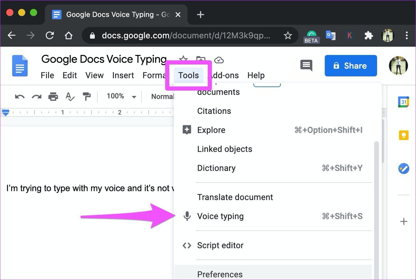 Arreglar la escritura de voz de Google Docs que no funciona