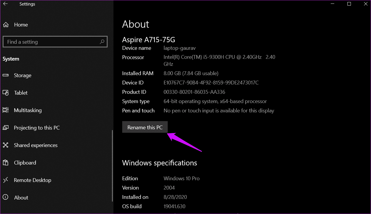 Cambiar el nombre de la computadora en Windows 10 1
