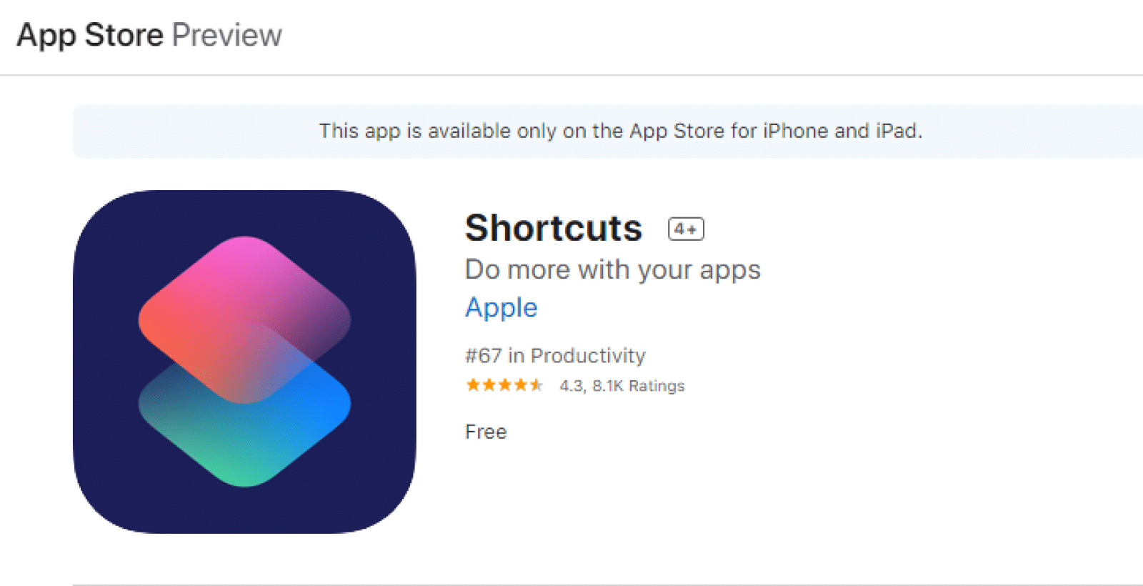 Página de la tienda de aplicaciones de accesos directos de Apple