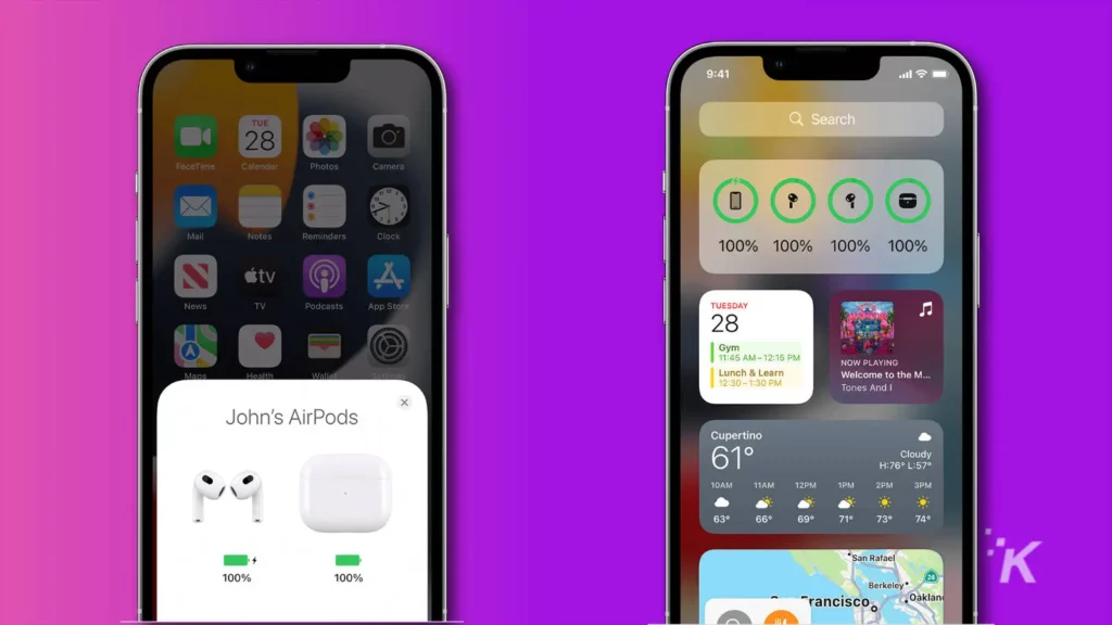 capturas de pantalla de iPhone que muestran el nivel de batería de los airpods a través de notificaciones y widgets