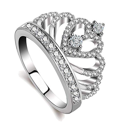 Presentski Women Crown Rings Tiara Princess Queen 18K Rose Gold Plated Tiny CZ Promise Ring (Silver Big, 7)
